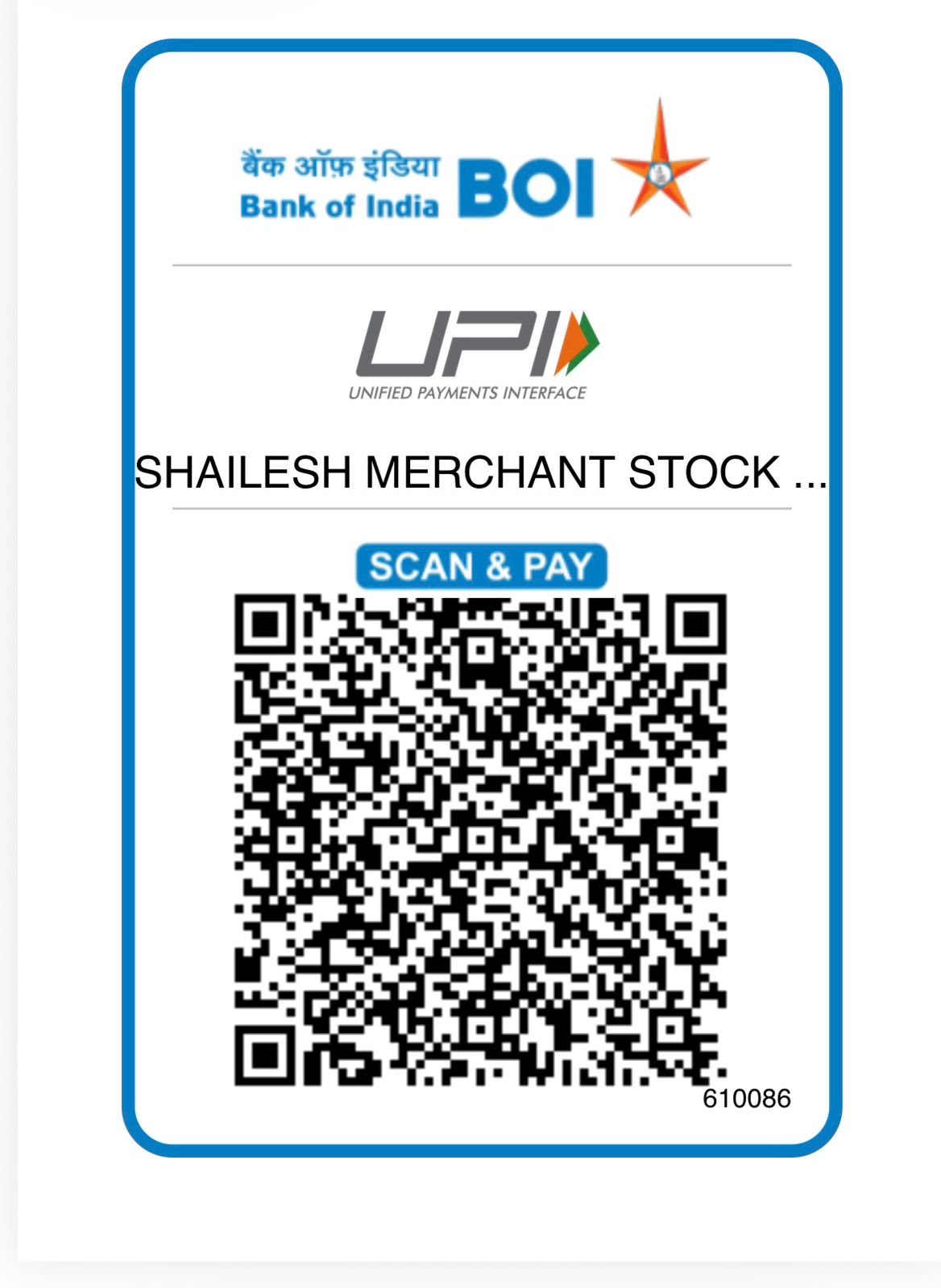 UPI QR Code for Bank of India — Scan to pay Shailesh Merchant Stock Brokers Private Limited. Reference number 610086.